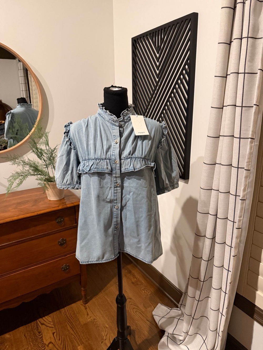 Andree Light Wash Denim Ruffle Front Button Blouse medium